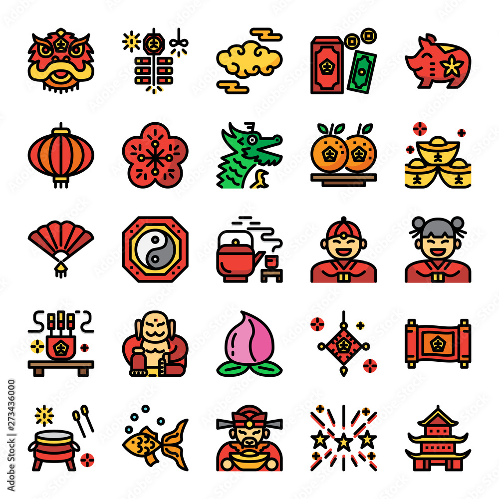 chinese new year pixel perfect color line icons