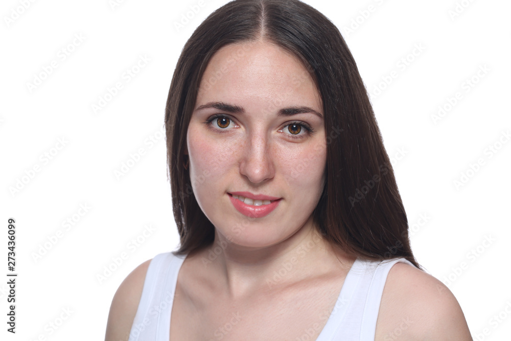 Headshot of smiling woman with long hair isolated on white Headshot of smiling woman with long hair isolated on white