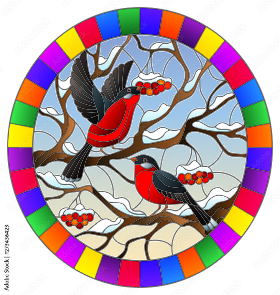 Illustration in stained glass style with a pair of bullfinches, on the background of snow-covered mountain ash tree,oval image in bright frame Illustration in stained glass style with a pair of bullfinches, on the background of snow-covered mountain ash tree,oval image in bright frame