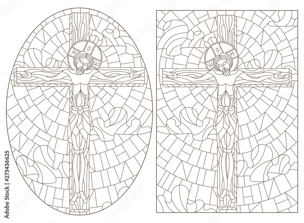 Set of contour illustrations of stained glass Windows on the biblical theme, Jesus Christ on the cross against the cloudy sky and the sun,  dark contours on a white background