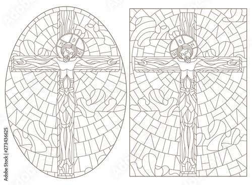 Set of contour illustrations of stained glass Windows on the biblical theme, Jesus Christ on the cross against the cloudy sky and the sun,  dark contours on a white background