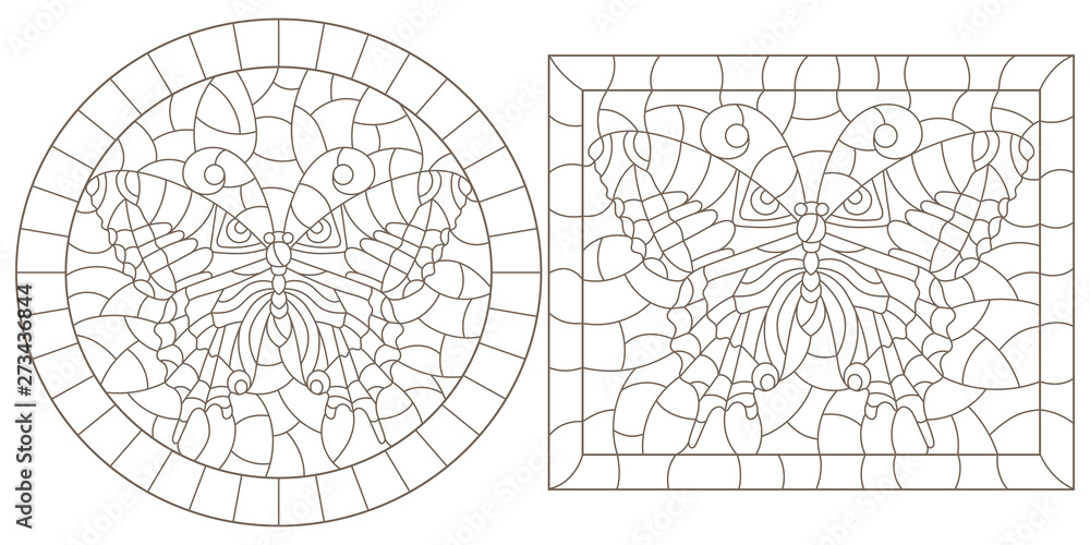 Contour set of illustrations of stained glass with butterflies , dark outline on a white background