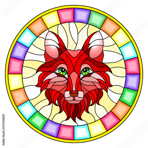 The illustration in stained glass style  with a red fox head , a circular image with bright frame