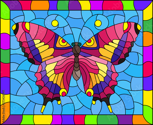 Illustration in stained glass style with bright pink butterfly on a blue background in a bright frame