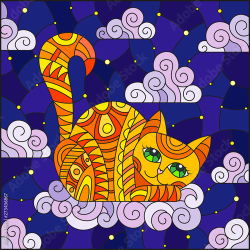 Fototapeta Naklejka Na Ścianę i Meble -  Stained glass illustration of a cartoon red  cat  on the background of  starry sky and clouds
