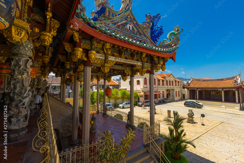 Fototapeta premium Exterior view of Leong San Tong Khoo Kongsi clanhouse against blue sky in Penang, Malaysia