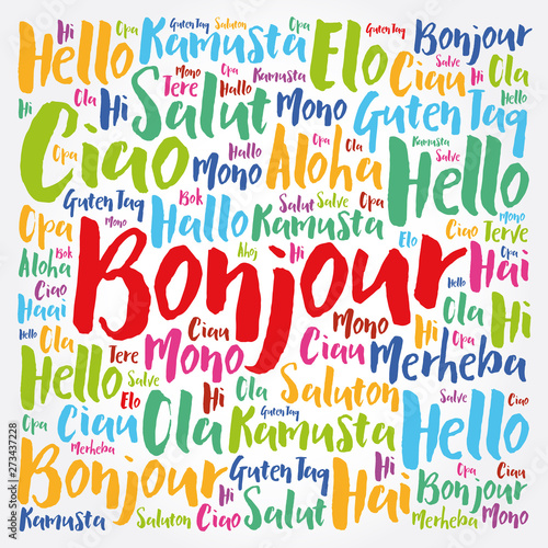 Bonjour (Hello Greeting in French) word cloud in different languages of the world