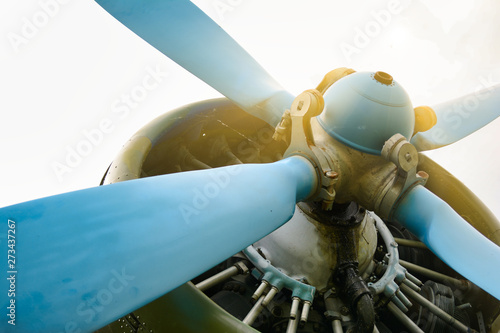Close up abstract of a vintage airplane propeller engine.