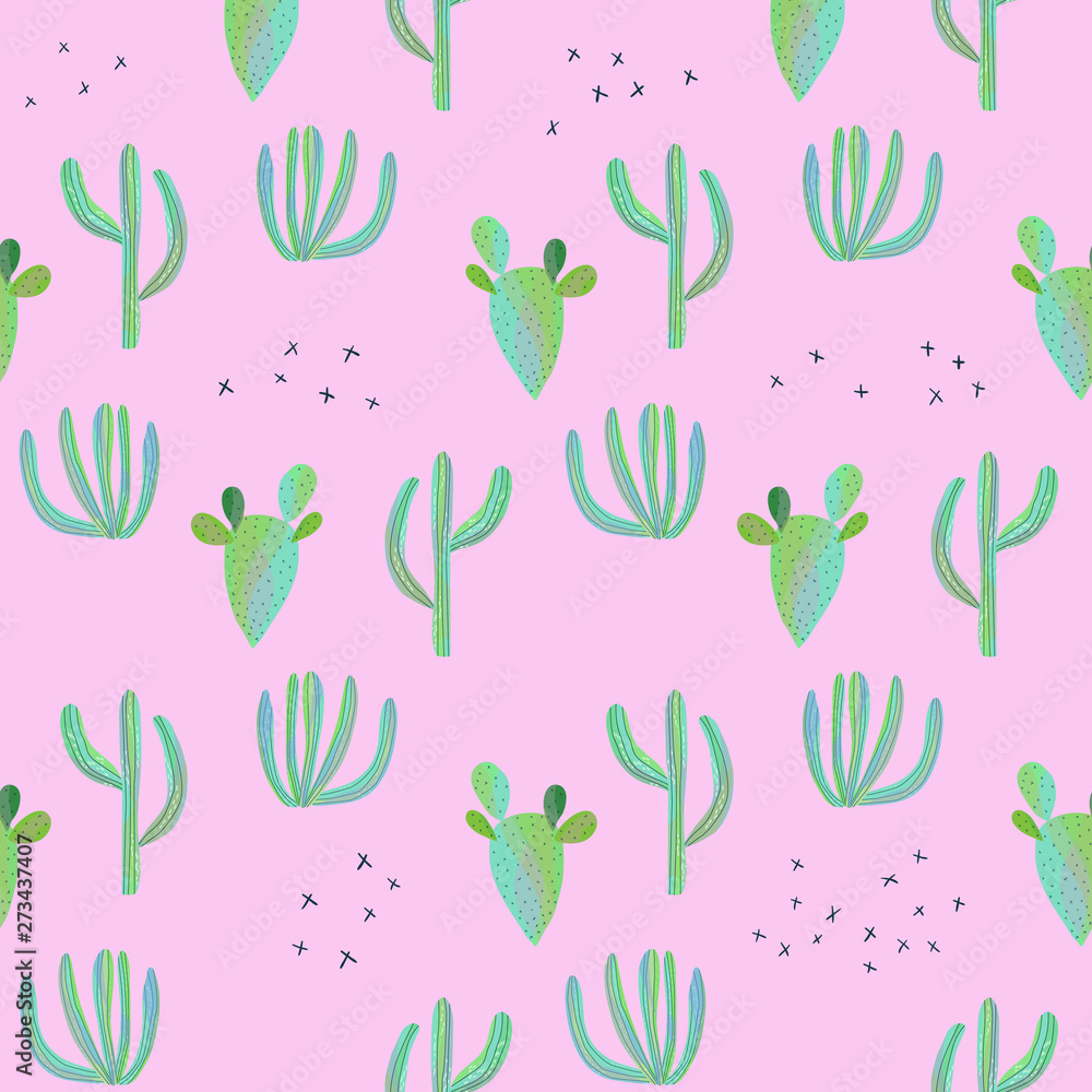 Cacti seamless pattern on pink background Cacti seamless pattern on pink background