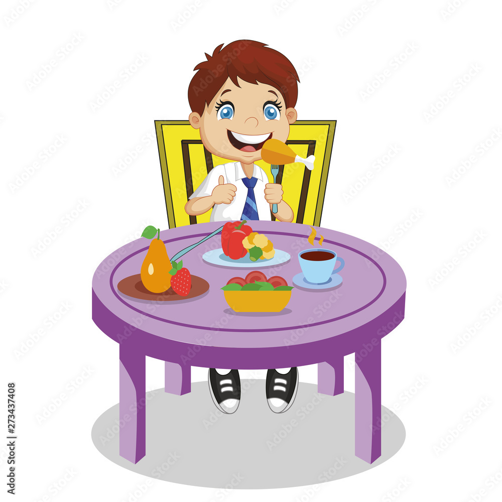 Boy Eating. Smiling Cartoon Schoolboy Eat Meal Boy Eating. Smiling Cartoon Schoolboy Eat Meal