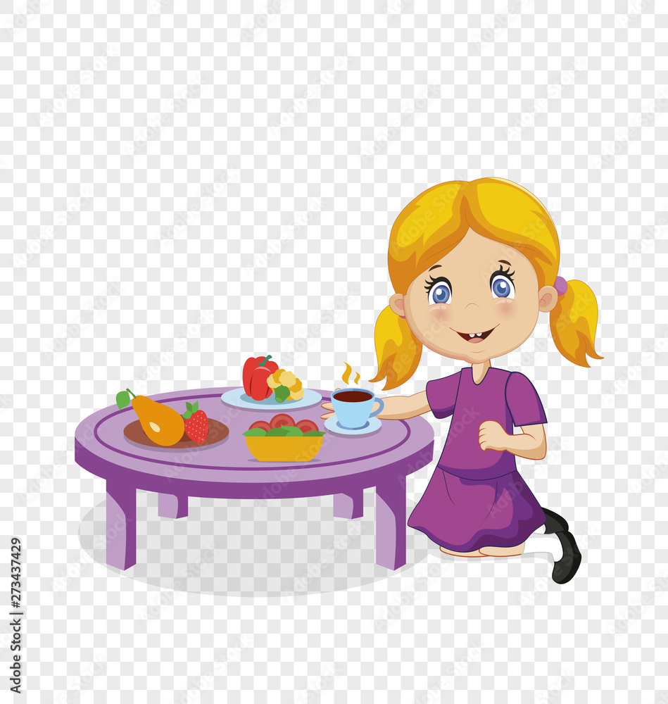Funny Smiling Cartoon Blonde Girl Eating at Table Funny Smiling Cartoon Blonde Girl Eating at Table