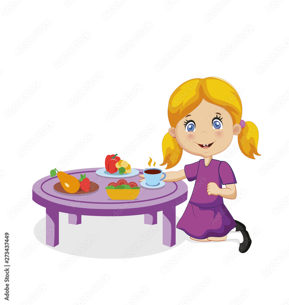 Funny Smiling Cartoon Little Girl Eating at Table Funny Smiling Cartoon Little Girl Eating at Table