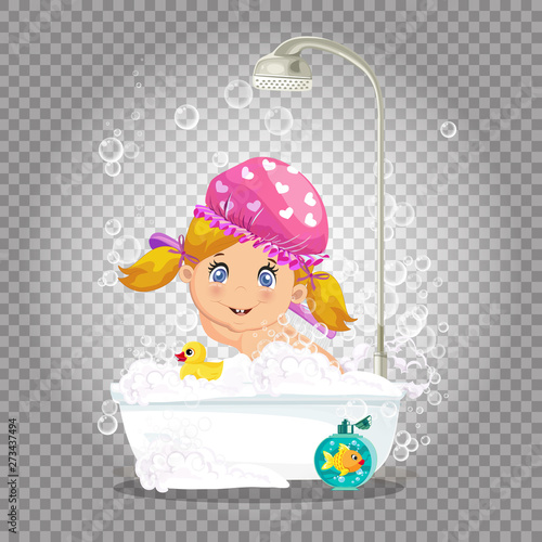 Baby in bath., girl taking bubble bath with foam