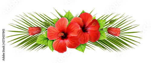 Palm leaves and red hibiscus flowers in a line arrangement