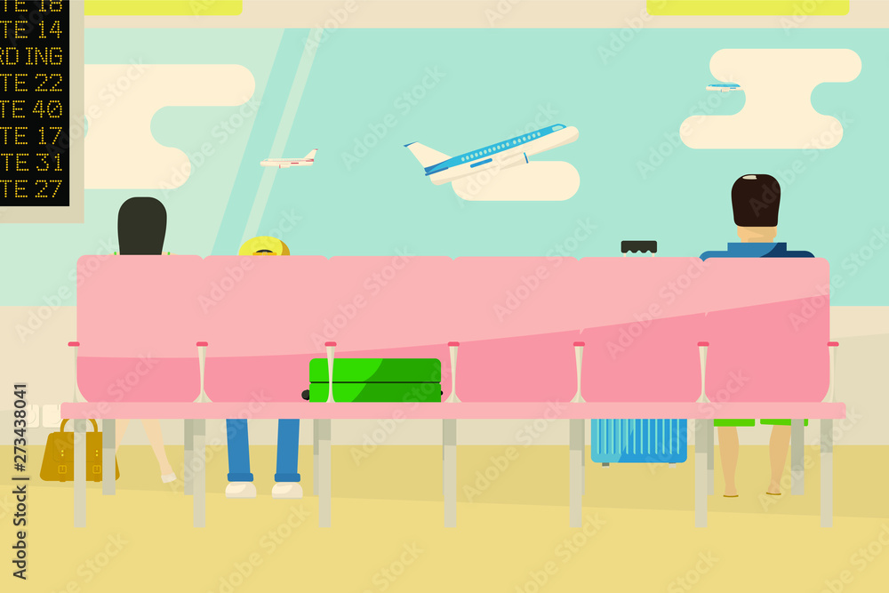 Mom, son and man are sitting in an airport lounge with unoccupied seats and luggage from a suitcase and bag. Outside the window, the plane takes off. Vector illustration.