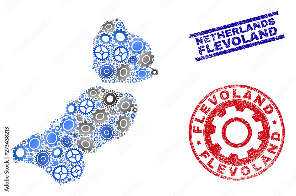 Service vector Flevoland Province map collage and stamps. Abstract Flevoland Province map is designed from gradient random cogwheels. Engineering territorial scheme in gray and blue colors, Service vector Flevoland Province map collage and stamps. Abstract Flevoland Province map is designed from gradient random cogwheels. Engineering territorial scheme in gray and blue colors,
