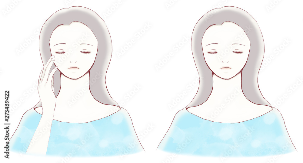 目を閉じた若い女性 顔に手を添えたポーズ 目を閉じた若い女性 顔に手を添えたポーズ