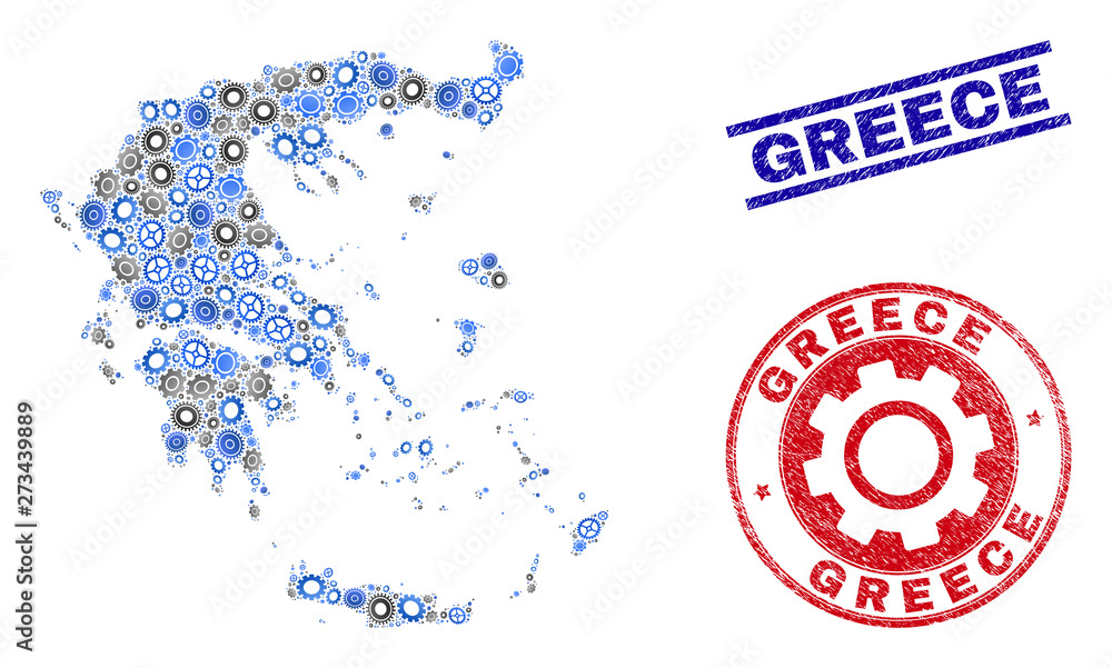 Cog vector Greece map mosaic and seals. Abstract Greece map is done with gradient scattered gear wheels. Engineering territorial plan in gray and blue colors, and blue and red rounded and lines seals, Cog vector Greece map mosaic and seals. Abstract Greece map is done with gradient scattered gear wheels. Engineering territorial plan in gray and blue colors, and blue and red rounded and lines seals,