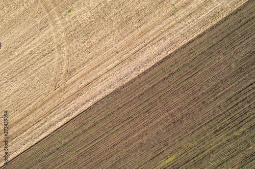 aerial footage of farmland; drone flying over a agricultural fields, top down view; boundaries of plowing the land; direct rows of grain crops planting; traces from the machine after planting crops