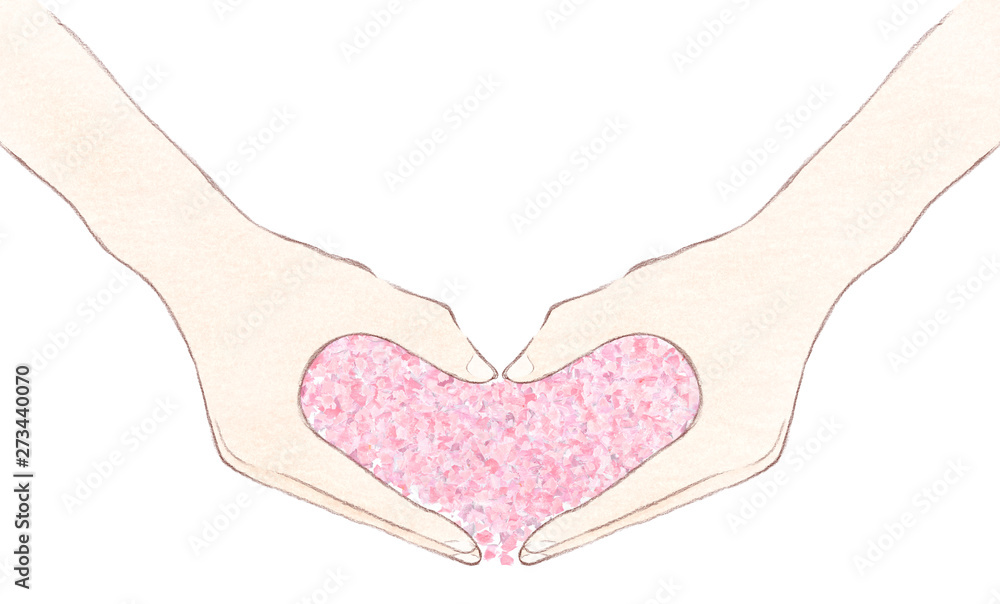 Fototapeta premium 指先で作るハートの形 あたたかみのあるピンクのハート 花びらで作るハート