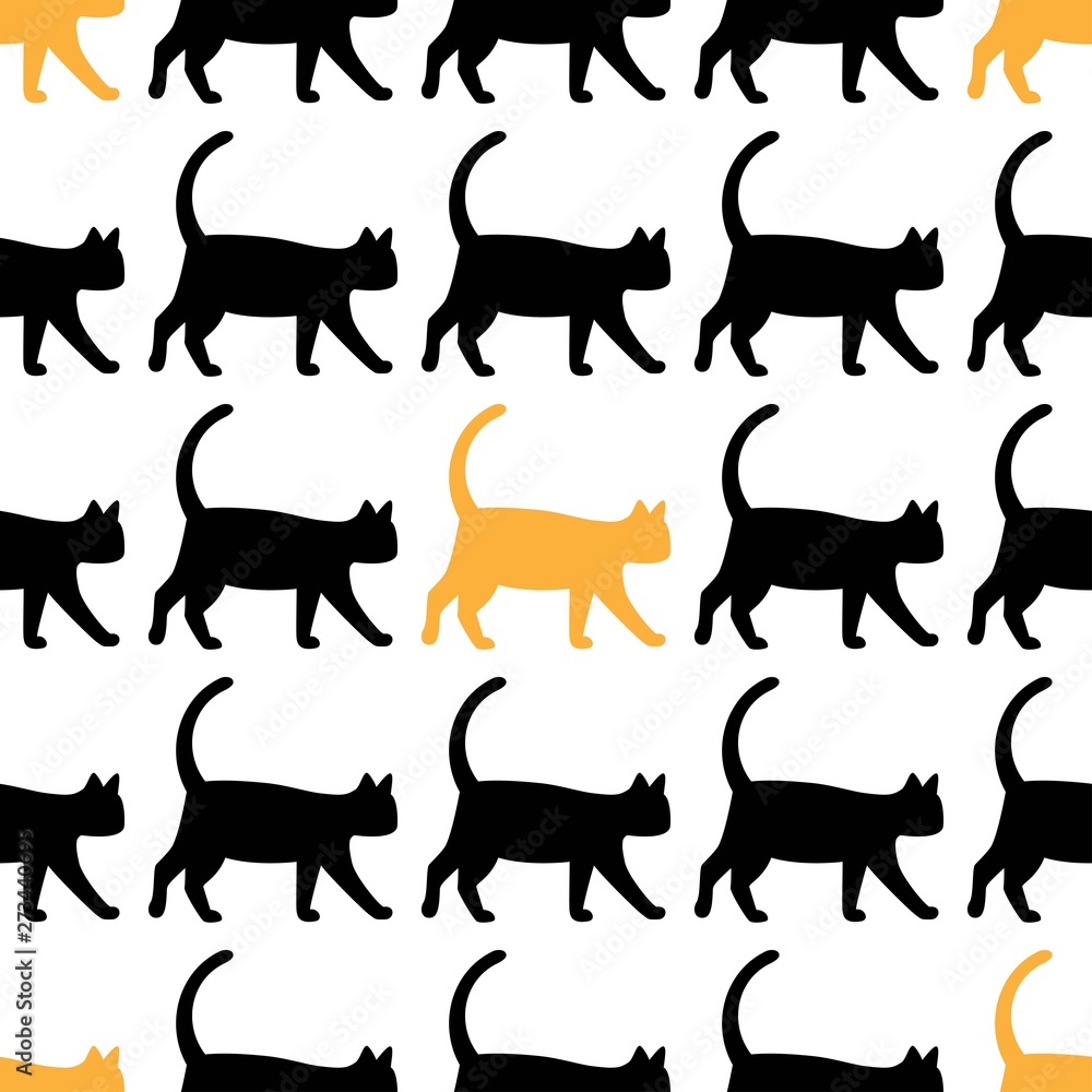 seamless symmetric pattern with silhouettes of walking black and orange cats isolated on white.