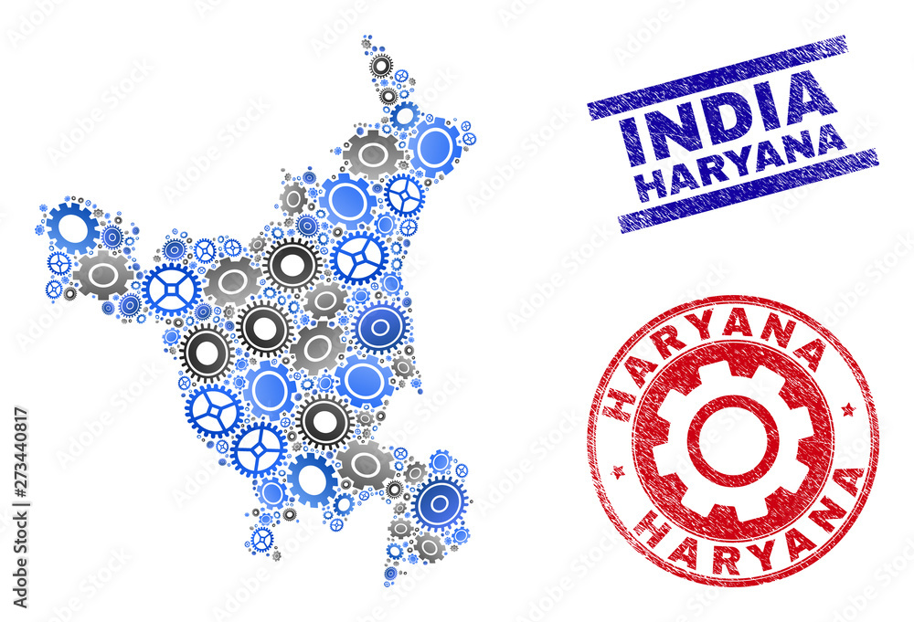 Repair workshop vector Haryana State map mosaic and seals. Abstract Haryana State map is organized with gradient randomized cogwheels. Engineering territory plan in gray and blue colors, Repair workshop vector Haryana State map mosaic and seals. Abstract Haryana State map is organized with gradient randomized cogwheels. Engineering territory plan in gray and blue colors,
