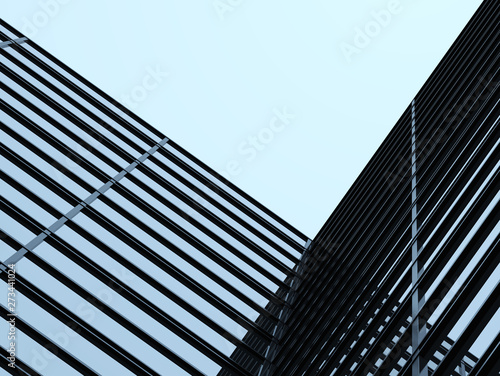3D stimulate of high rise glass building and dark steel window system on blue clear sky background,Business concept of future architecture,lookup to the angle of the corner building.