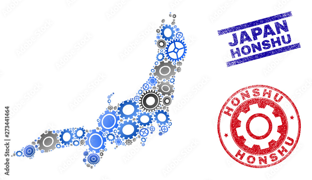 Wheel vector Honshu Island map collage and stamps. Abstract Honshu Island map is organized of gradiented randomized gears. Engineering geographic plan in gray and blue colors, Wheel vector Honshu Island map collage and stamps. Abstract Honshu Island map is organized of gradiented randomized gears. Engineering geographic plan in gray and blue colors,
