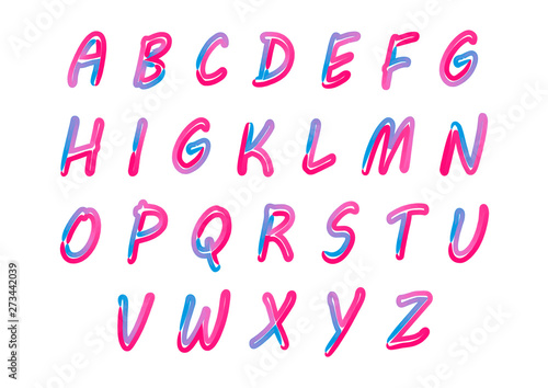 Alphabet with letters from A to Z. ABC art alphabet illustration. Retro neon effect.