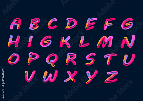 Alphabet with letters from A to Z. ABC art alphabet illustration. Retro neon effect.