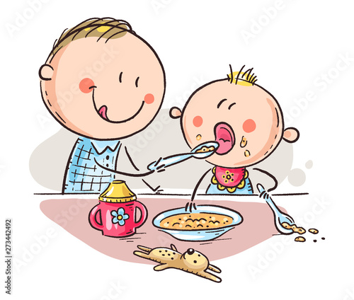 Father feeding baby, colorful cartoon vector illustration