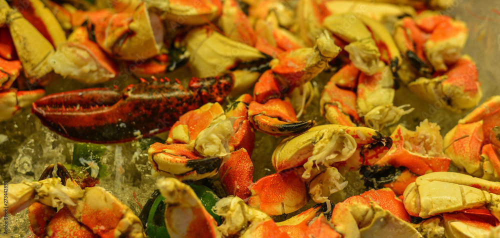 Seafood buffet line in hotel restaurant Seafood buffet line in hotel restaurant