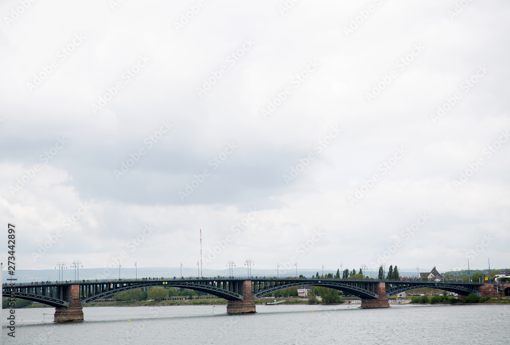 Fototapeta premium blick auf die landschaft am rhein in mainz deutschland fotografiert während einer sightseeing tour an einem sonnigen bewölkten tag