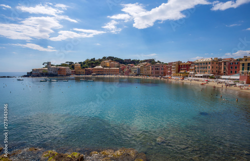 View of the "Baia del Silenzio" (Bay of Silence) in Sestri Levante, Ligurian coast, Genoa province, Italy.