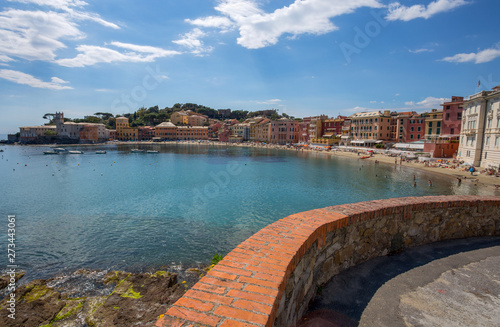 View of the "Baia del Silenzio" (Bay of Silence) in Sestri Levante, Ligurian coast, Genoa province, Italy.