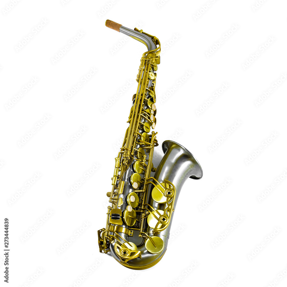 Naklejka premium golden and silver saxophone isolated on white background