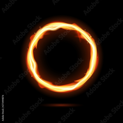 Realistic fiery circle. Round neon frame. Fire burning ring. Magic gold circle light. Vector template illustration