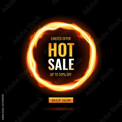 Template design with hot sale. Vector banner for special offer with realistic frame fire graphic. Advertising poster layout with flame border on black background.