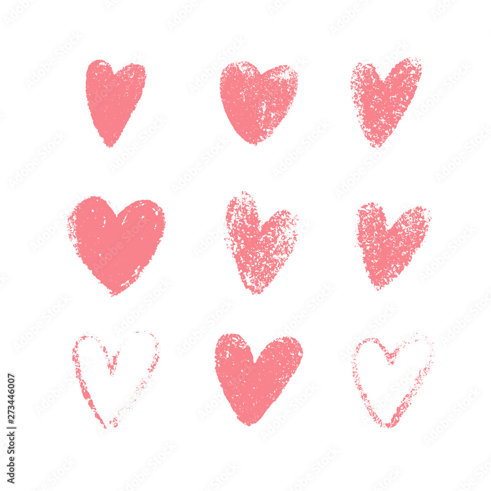 Pink hand drawn grunge hearts isolated on white background. Set of love ...