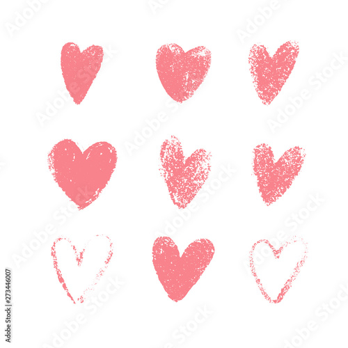 Pink hand drawn grunge hearts isolated on white background. Set of love symbols in the shape of heart. Vector illustration for your graphic design