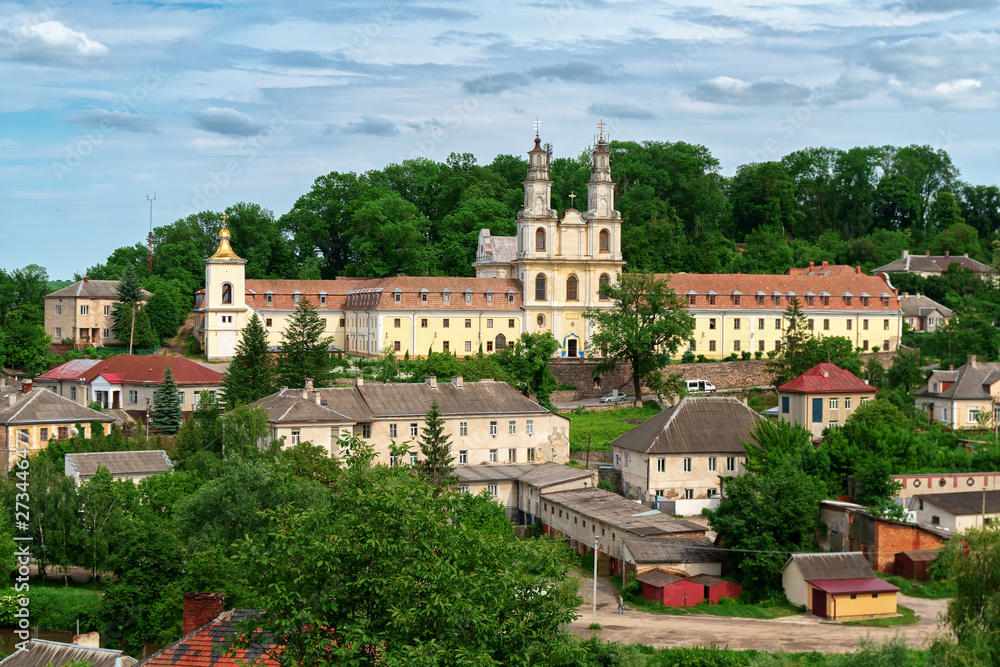 Buchach, Ternopil region, Ukraine, April 13, 2019: Basilian Monastery on the hill in the city center, view from different angles.