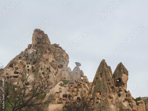 Dwellings in the rocks of volcanic tuff in Cappadocia, central Turkey.