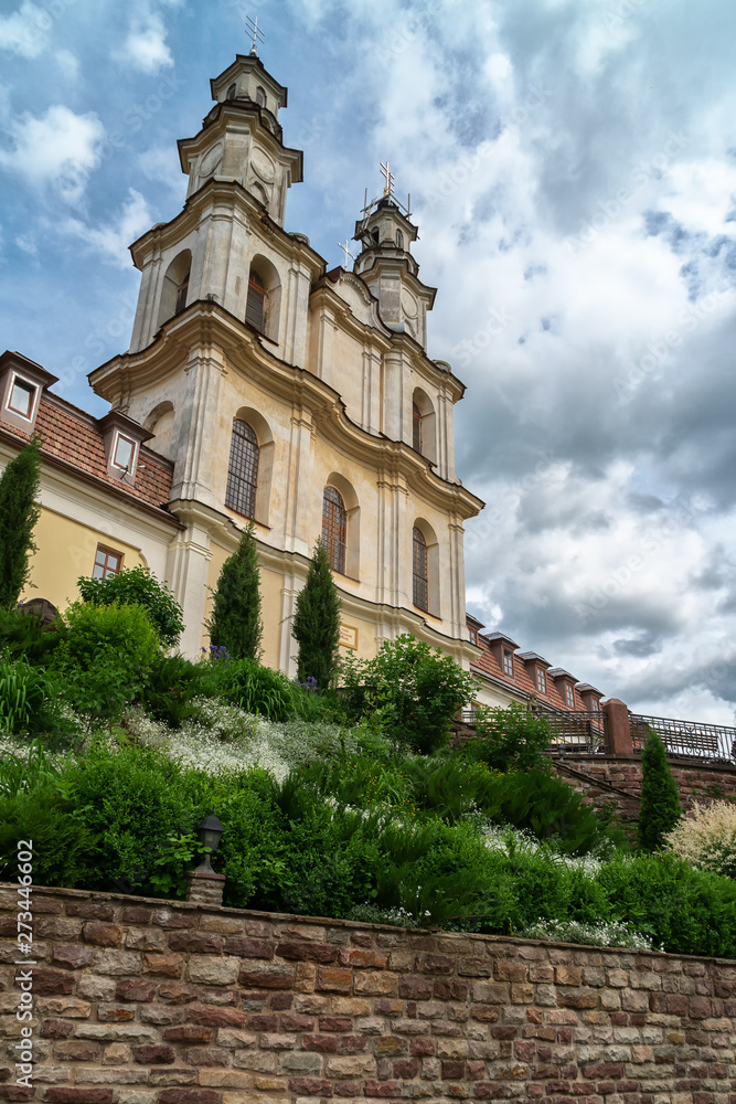 Buchach, Ternopil region, Ukraine, April 13, 2019: Basilian Monastery on the hill in the city center, view from different angles.