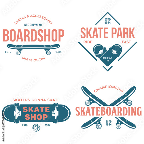 Skateboarding labels badges set. Skate shop logotypes. Design elements for posters, t-shirt prints, emblems.