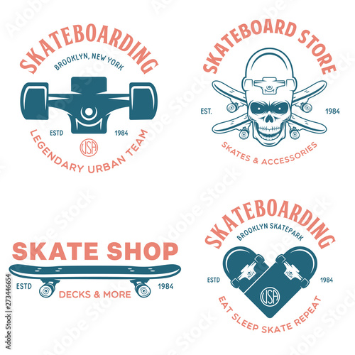 Skateboarding labels badges set. Skate shop logotypes. Design elements for posters, t-shirt prints, emblems.