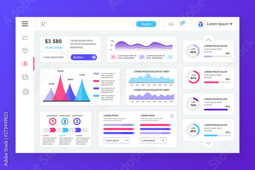 Dashboard admin panel vector design template with infographic elements, chart, diagram, info graphics. Website dashboard for ui and ux design web page. Vector illustration.