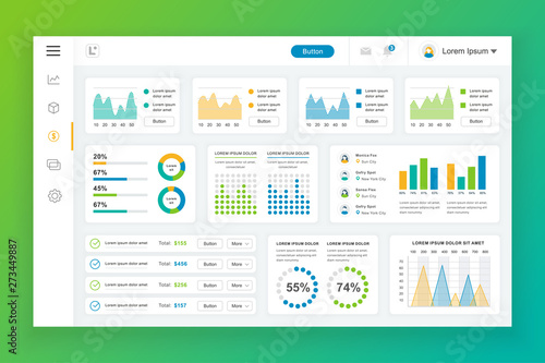 Dashboard admin panel vector design template with infographic elements, chart, diagram, info graphics. Website dashboard for ui and ux design web page. Vector illustration.