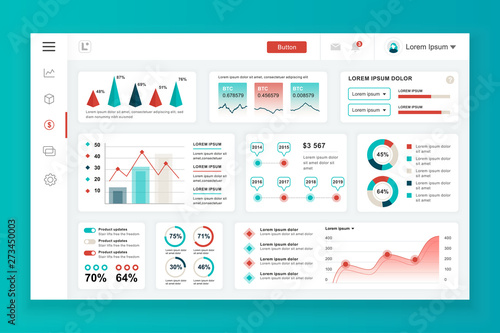 Dashboard admin panel vector design template with infographic elements, chart, diagram, info graphics. Website dashboard for ui and ux design web page. Vector illustration.