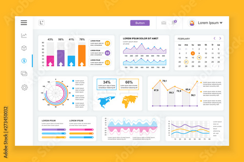 Dashboard admin panel vector design template with infographic elements, chart, diagram, info graphics. Website dashboard for ui and ux design web page. Vector illustration.