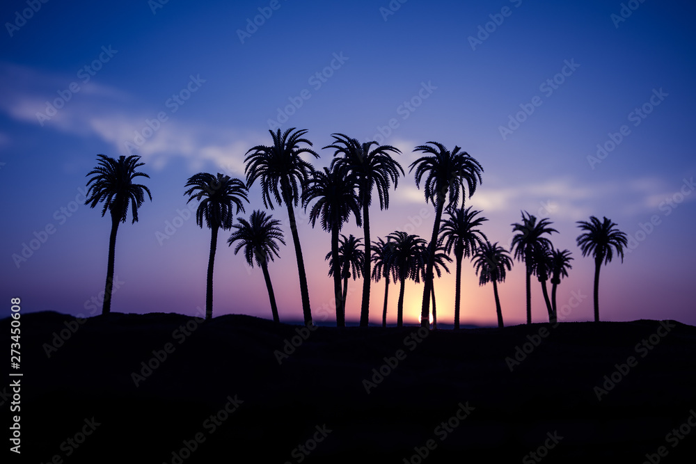 Tropical palm coconut trees on sunset sky nature background. Silhouette coconut palm trees on beach at sunset